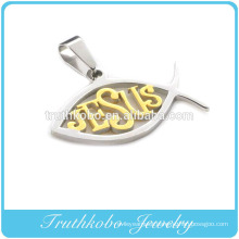 Unique Style 2014 Two Tone Fish Shape Pendant Religious Pendants with laser surface Jesus word stainless steel catholic jewelry